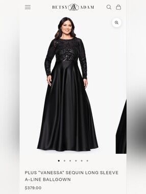 Betsy & Adam Plus Vanessa Black Sequin Long Sleeve A-Line Ballgown